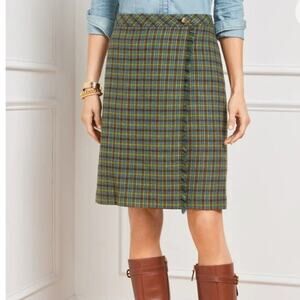 Talbots A-Line Plaid Fringe Wrap Skirt Green Blue Size 8